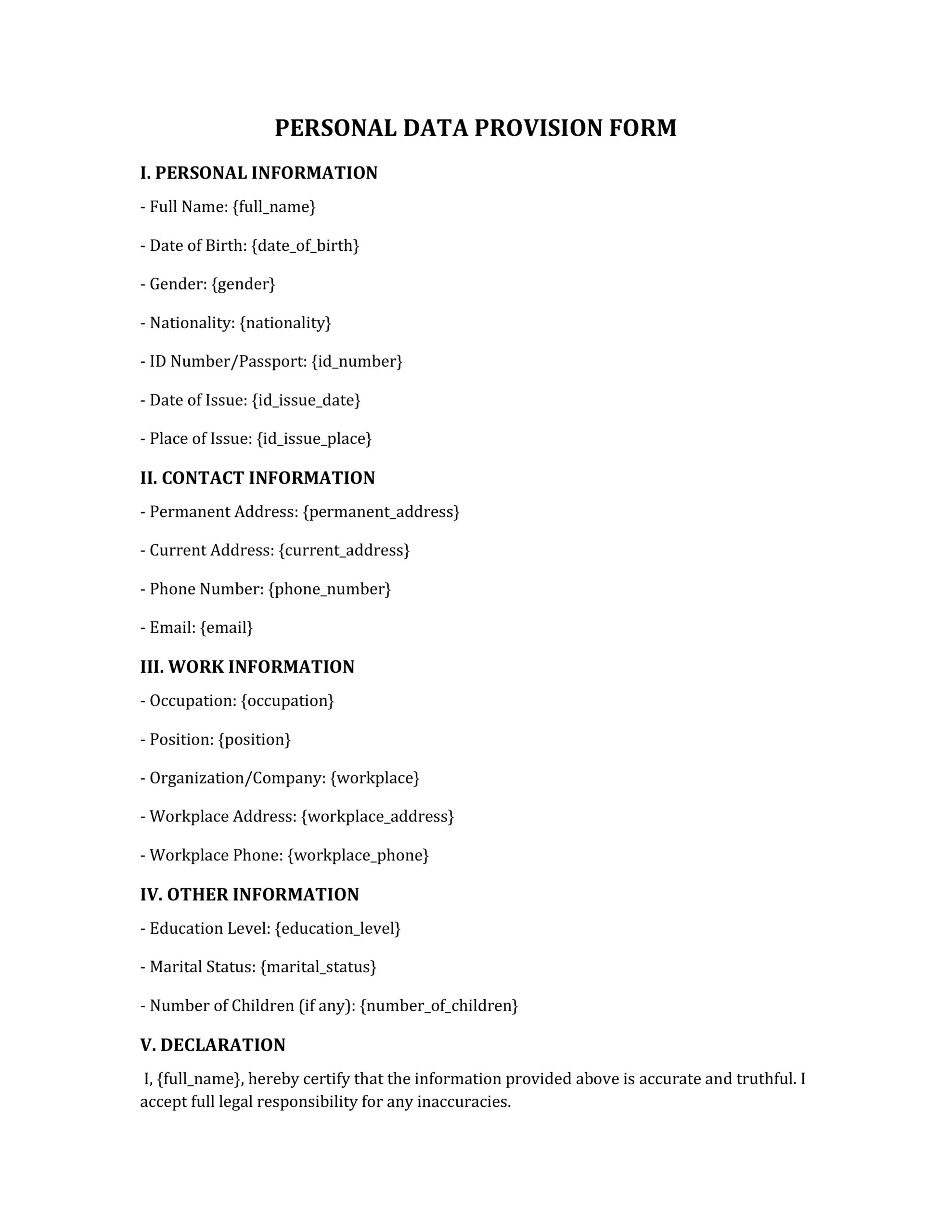 Personal data provision form 1